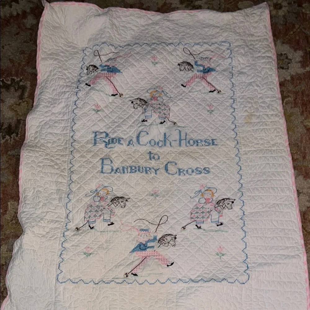 Embroidered Nursery Rhyme Quilt - White and Blue 44” x 36”